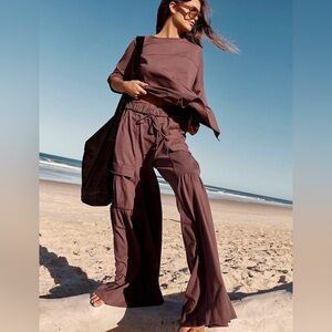 Free People Beach Wide Leg Cargo Russell Pants Chocolate Merlot Brown Sz Medium